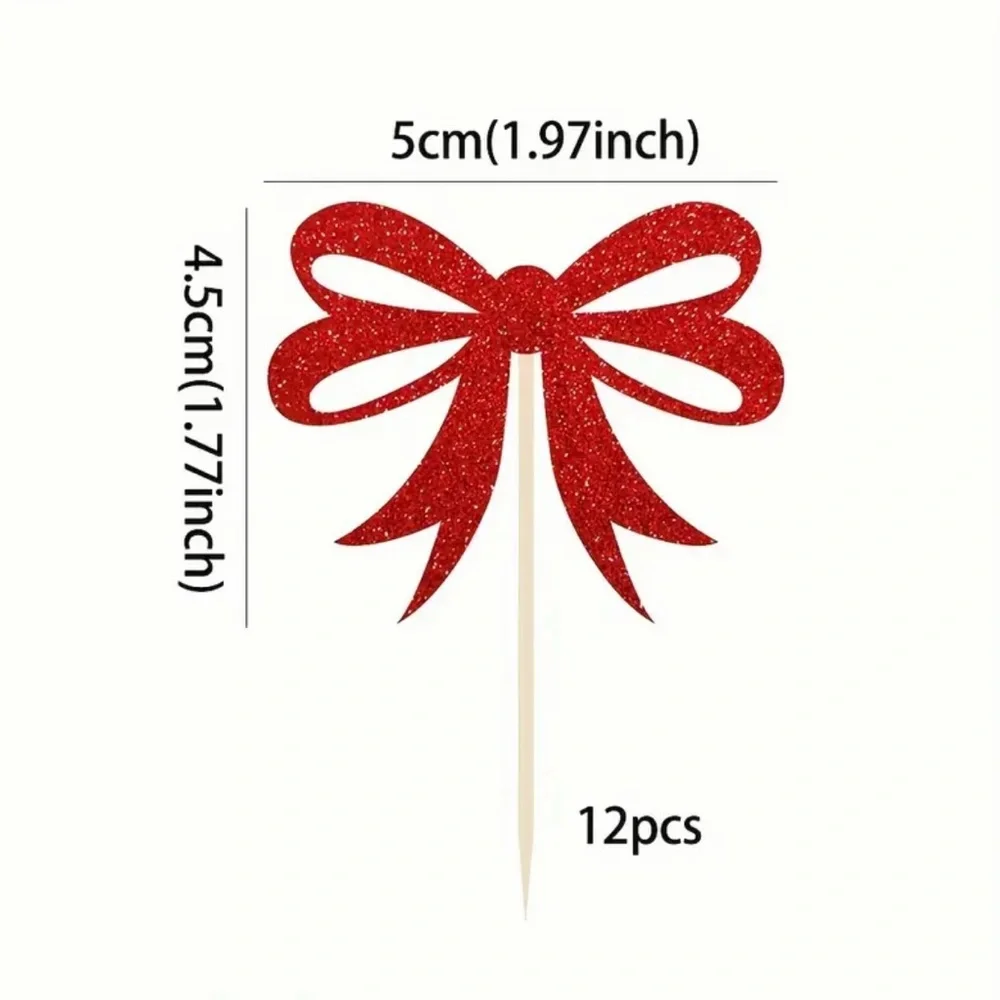 Set of 12 cupcake christmas red bow toppers
